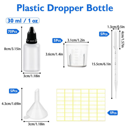Boocalny 70 Pack Plastic Dropper Bottle, 30 ml / 1 oz Small Empty Squeeze Bottles, Plastic Paint Liquid Eye Dispensing Dropper Bottles with Screw Cap Funnel Measuring Cup Label Transfer Pipette