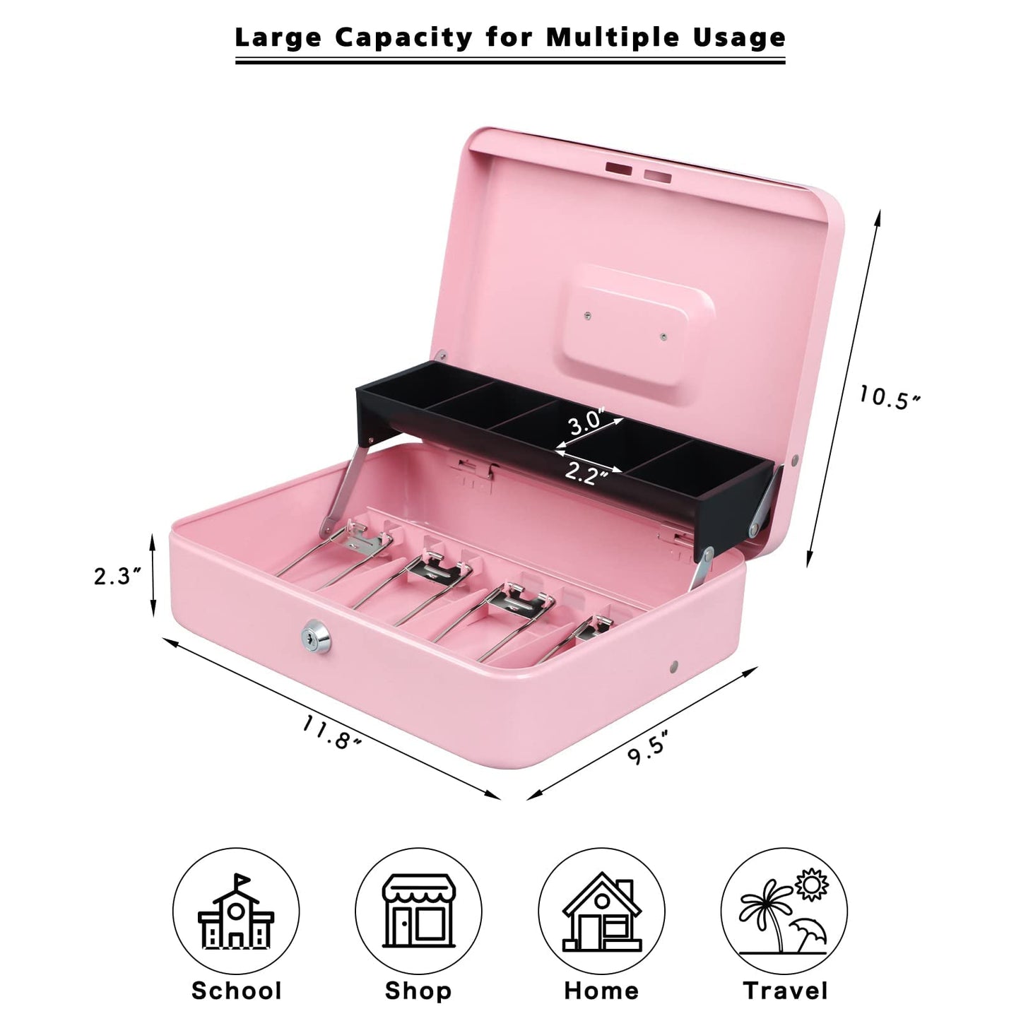 Cash Box with Lock and Money Tray - Tomekji Durable Metal Large Money Box 11.8"L x 9.5"W x 3.5"H - 5 Compartment Tray 4 Spring Loaded, Come with 2 Key, Pink