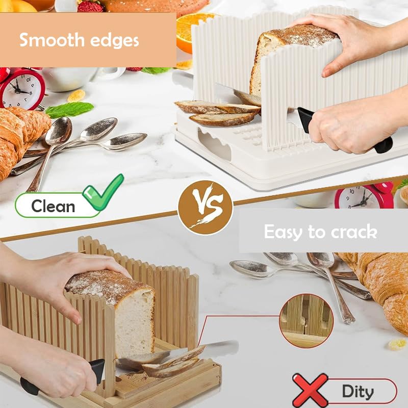 Qeedee Sourdough Bread Slicer for Homemade Bread, Foldable and Adjustable Cutting Guide with Crumb Tray, 3 Slice Sizes for Homemade Bagels, Buns, Cakes, White