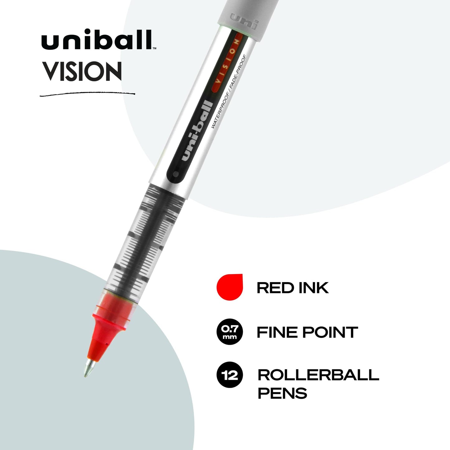uni-ball VISION Rollerball, Stick Roller Ball Pen Fine-0.7mm, 12 Pack, Red Ink (60139)