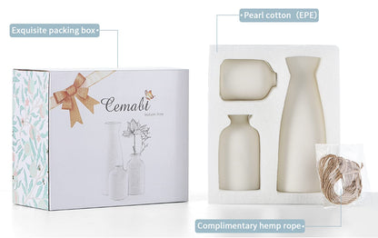 CEMABT White Ceramic vase Set-3 Small Flower vases for Decor,Modern Boho Farmhouse Home Decor,Decorative vase for Pampas Grass&Dried Flowers,idea Shelf,Table,Bookshelf ，Entryway- Distresse