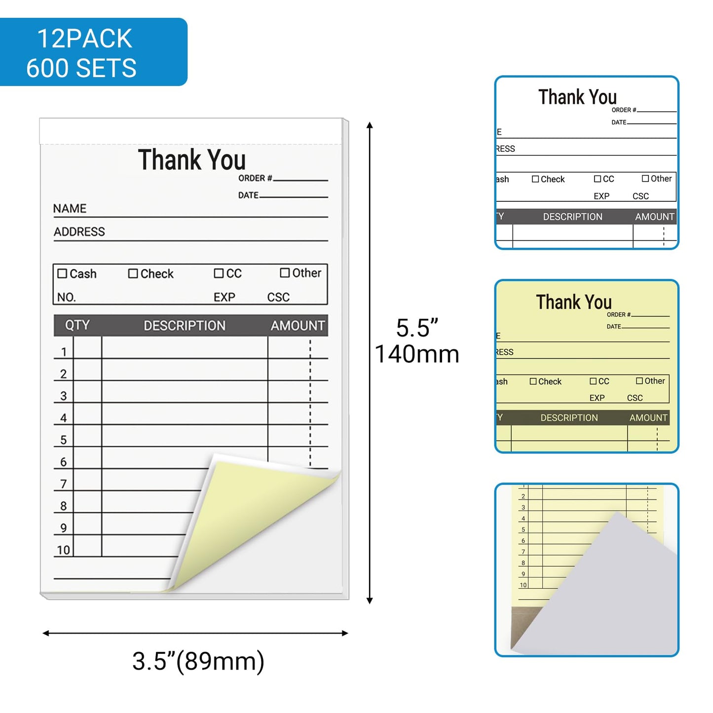 suituts 12 Pack Thank You Receipt Book, 3.5 x 5.5 Inch, Duplicate Invoice Book, 2 Part Carbonless Sale Order form, Sale Receipt form for Small Business, 50 Sets Each Pad, Total 600 Sets