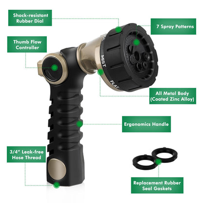 RESTMO Garden Hose Nozzle, Heavy Duty Metal Water Hose Sprayer with 7 Watering Patterns, Thumb Control | On Off Valve, High Pressure Nozzle Sprayer for Watering Plants, Car & Pet Washing, Bronze