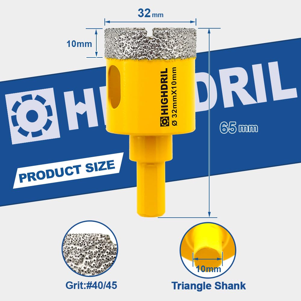 HIGHDRIL Diamond Core Drill Bit,2Pcs Diameter 32mm 1-1/4" with Triangle Shank Vacuum Brazed Hole Saw for Concrete Granite Marble Glass Porcelain Tile Masonry Brick