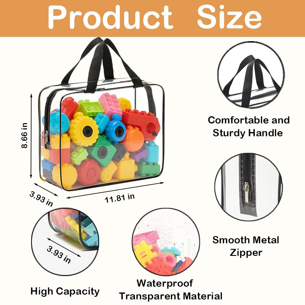 Wenscis 6 Packs Extra Large Toy Storage Bags with Zipper, Reusable Clear Plastic Toy Organizer Bag with Labels for Blocks, 11.8″×8.6″×3.9″Travel Waterproof Organizer Bags for Puzzles