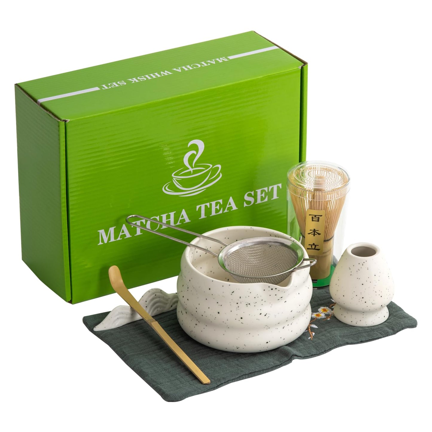 7Pcs Japanese Matcha Tea Set - Matcha Bowl, Whisk, Holder, Strainer - Elegant Gift Set