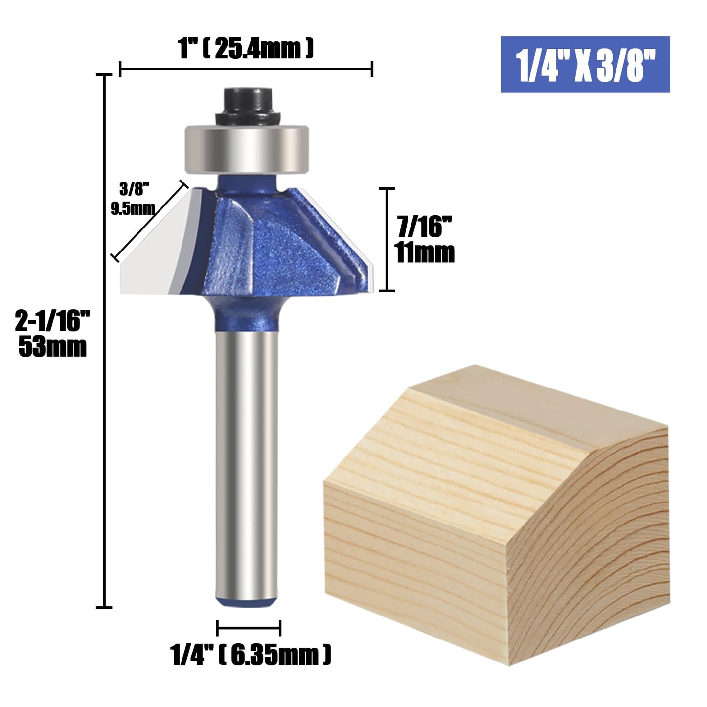 Vearter 4PCS 45 Degree Chamfer Router Bit Set, 1/4'' Shank Carbide Edge Bevel Forming Milling Cutter, DIYer Tool for Woodworking, Wood Profiling, Edging (1/2", 3/8", 5/16", 1/4" Bevel Length)