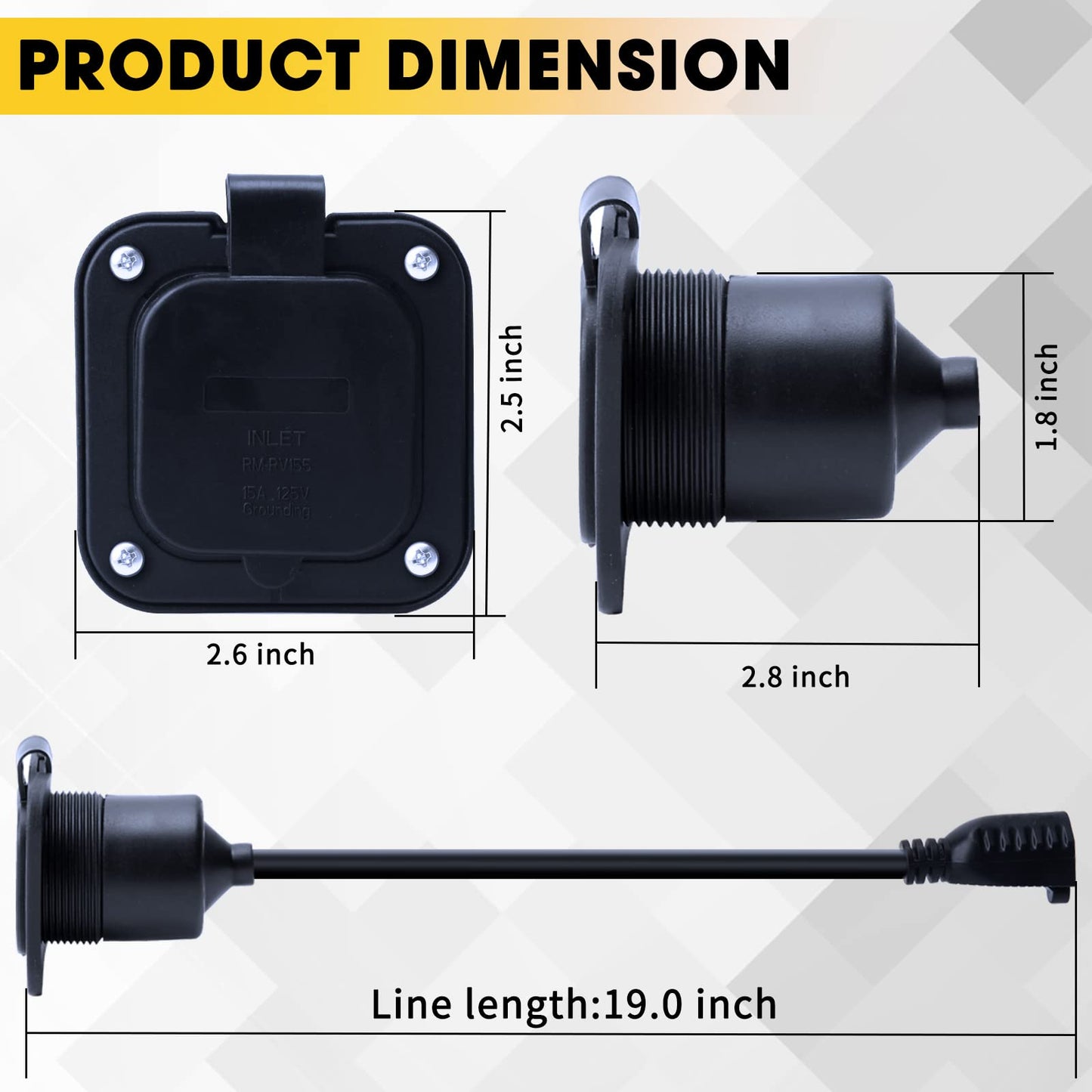 Afurkuot 15A 125V AC Power Port Plug, Flanged RV AC Power Inlet Socket with Extension Cable & Waterproof Cover, NEMA 5-15P Marine Electrical Outlet 15A Outdoor Socket for RV Trailer Camper