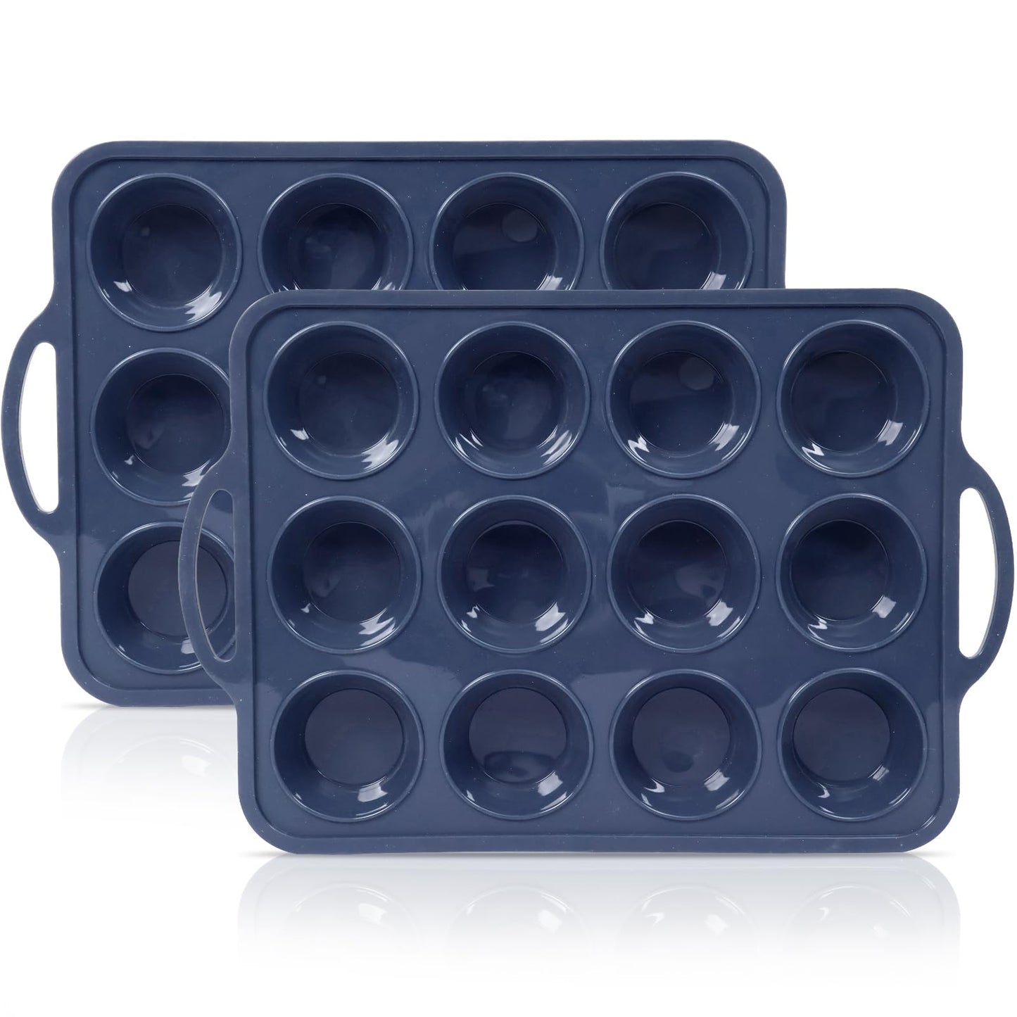 Vnray 2 Pack Silicone Muffin Pan with Metal Frame, Non Stick Silicone Cupcake Pan with Handles Regular 12 Cup, BPA Free Silicon Muffin Tin Tray for Baking, Egg Bites, Cupcake Mold Grey