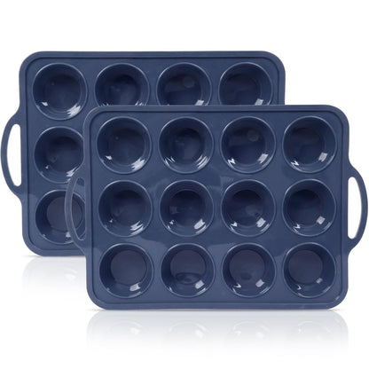 Vnray 2 Pack Silicone Muffin Pan with Metal Frame, Non Stick Silicone Cupcake Pan with Handles Regular 12 Cup, BPA Free Silicon Muffin Tin Tray for Baking, Egg Bites, Cupcake Mold Grey
