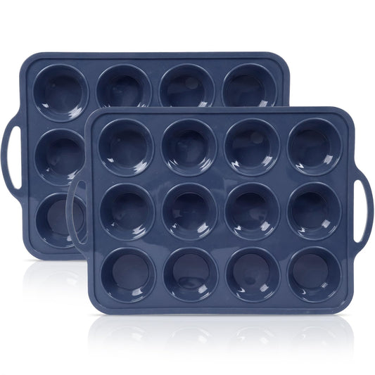 Vnray 2 Pack Silicone Muffin Pan with Metal Frame, Non Stick Silicone Cupcake Pan with Handles Regular 12 Cup, BPA Free Silicon Muffin Tin Tray for Baking, Egg Bites, Cupcake Mold Grey