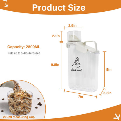 Brabtod Bird Seed Storage Container Portable-3 Qt/2.8 L Clear Plastic Pet Food Container-with Measuring Cup,Airtight Wild Bird Seed Dispenser for Storing Sunflower Seed|Squirrel proof|BPA Free-White