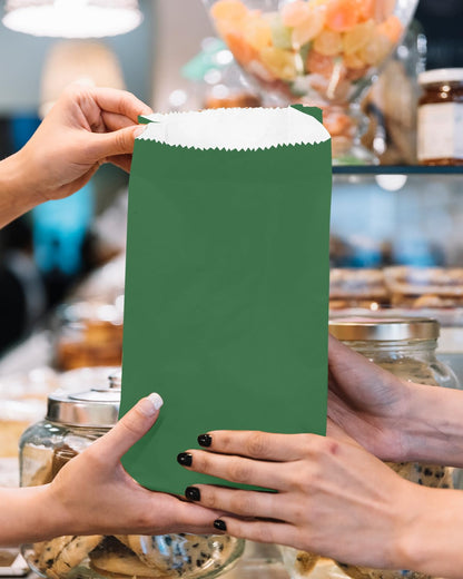 qiqee 100 Pcs Deep Green Treat Paper Bags with 100 Stickers 5.1"x3.1"x9.4" Brown Kraft Small Party Gift Bag without Handle