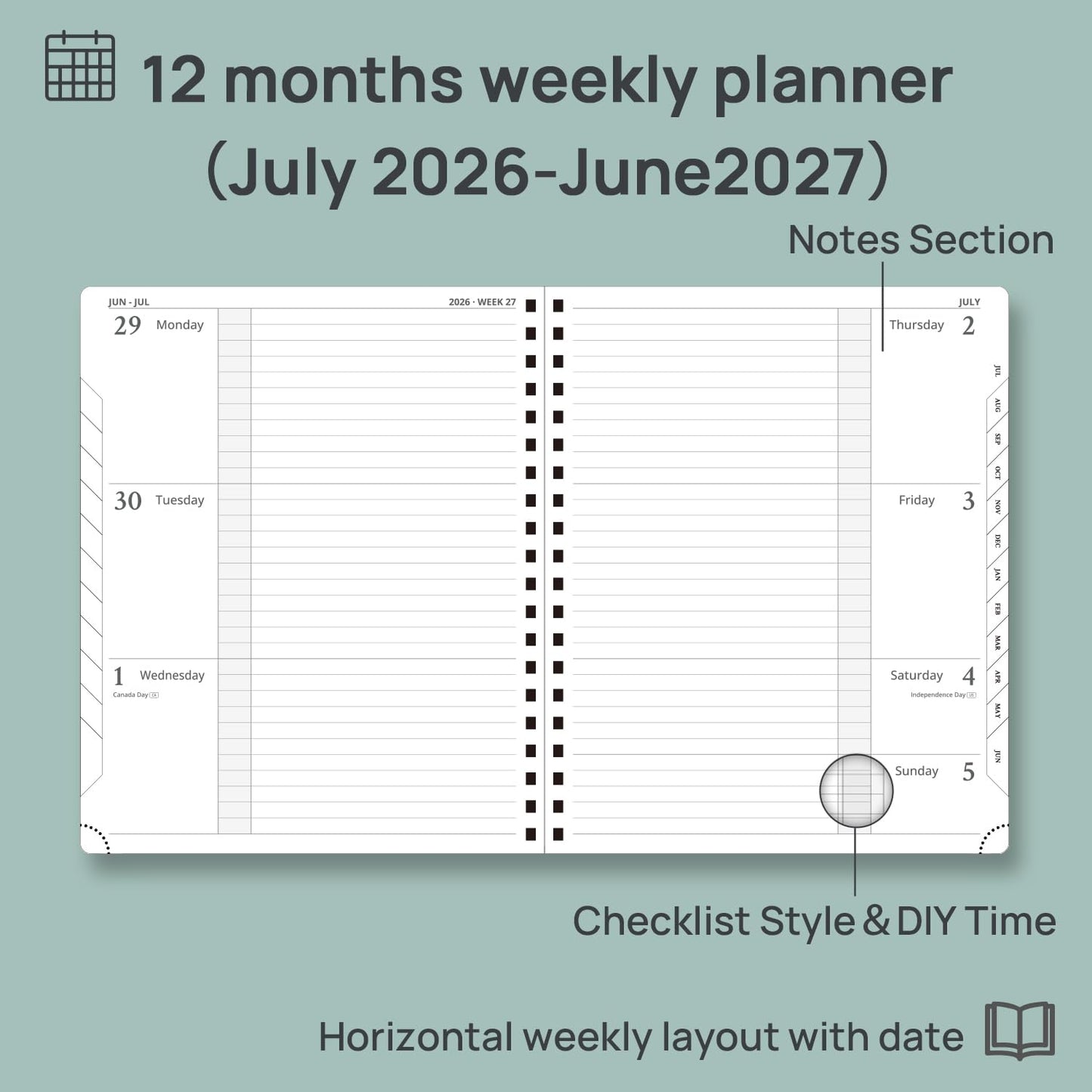 POPRUN 2026-2027 Academic Weekly Planner, Large 8.5" x 10.5" Horizontal Layout Calendar Agenda from July 2026 to June 2027, Softcover Appionment Book with Monthly Tabs, Spiral Bound, Inner-Pocket - Lavender