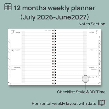 POPRUN 2026-2027 Academic Weekly Planner, Large 8.5" x 10.5" Horizontal Layout Calendar Agenda from July 2026 to June 2027, Softcover Appionment Book with Monthly Tabs, Spiral Bound, Inner-Pocket - Lavender