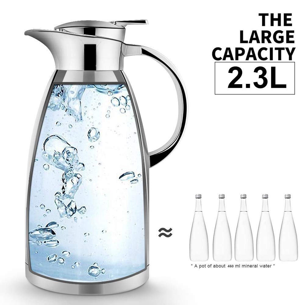 2.3L Vacuum Jug 304 Stainless Steel Double Wall Vacuum Insulated Carafe Coffee Drinks Pot Coffee Plunger-Juice/Milk/Tea Insulation Pot Water Pitcher