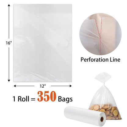 12" x 16" Clear Plastic Produce Bag on a Roll, Food Storage Bag for Vegetables, Bread, Fruits and Meat, Easy To Tear, Continuous - 350 Bags/Roll - [2 Rolls]