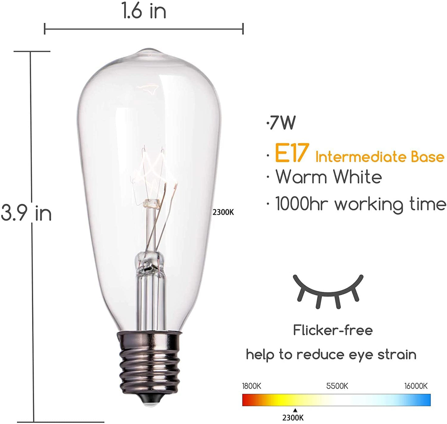 10 Pack Edison Replacement Light Bulbs,7-Watt E17 Screw Base ST40 Replacement Clear Glass Light Bulbs for Outdoor String Lights, Warm White
