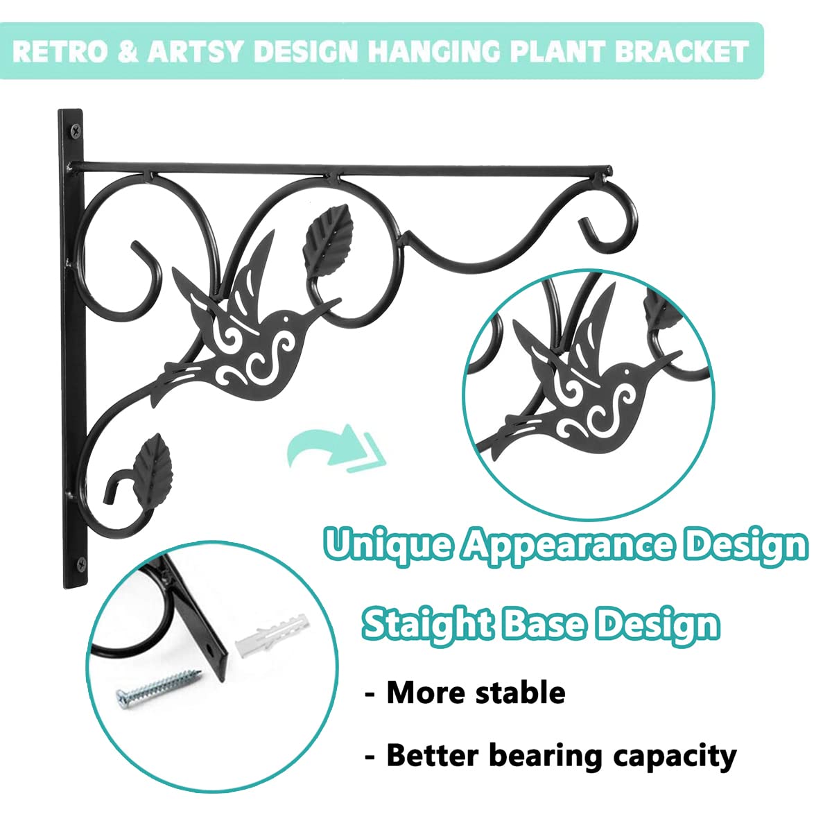 2 Pack Hanging Plants Bracket, Planter Hooks for Hanging Baskets, Retro Iron Metal Wall Decor Hook for Hanging Plant Flower Bird Feeders Indoor Outdoor Patio Decor(9.3 x 13in)