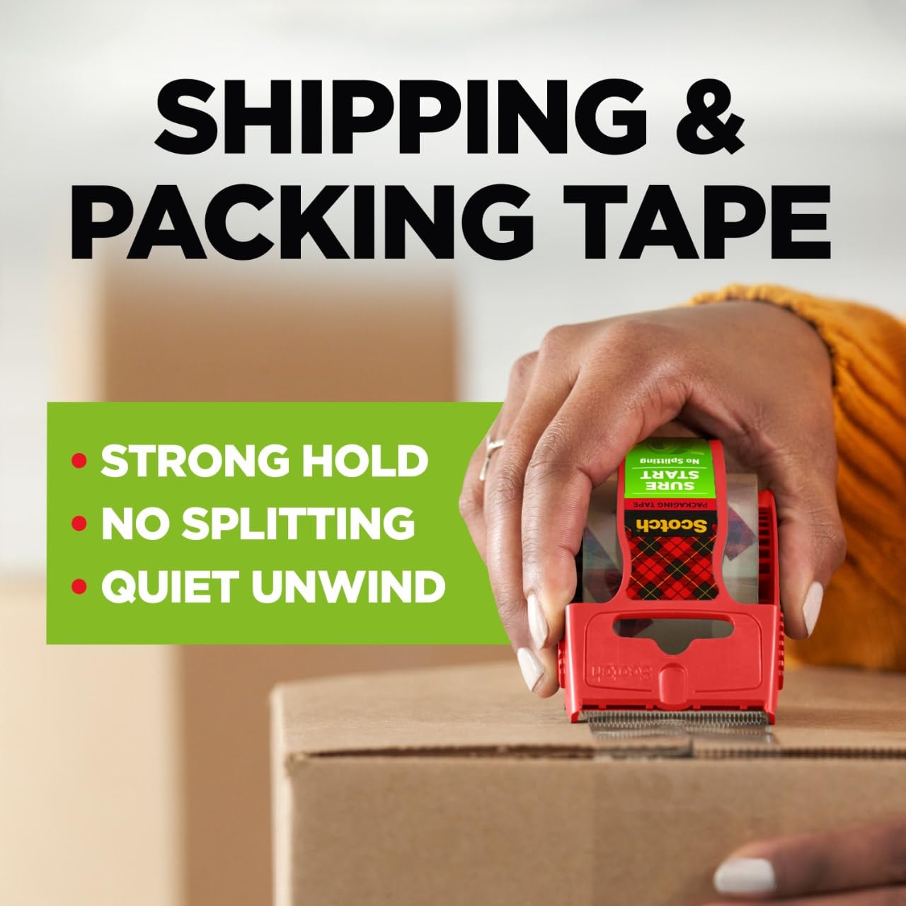 Scotch Sure Start Shipping Packaging Tape, 1.88" x 22.2 yd, Designed for Packing, Shipping and Mailing, Quiet Unwind, No Splitting or Tearing, 1.5" Core, Clear, 6 Dispensered Rolls (145-6)