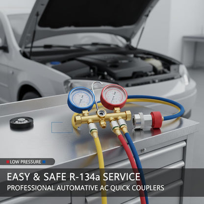 R134a Quick Coupler Adapter Set, Low and High Side AC Coupler Connector with 1/4" Flare Male Thread, Heavy Duty Brass Air Conditioning Charging Hose Fitting for Car AC System Evacuation