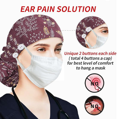 ATHPIK Satin-Lined Surgical Scrub Caps for Nurses/Doctors with Long Hair –Breathable Cotton Surgeon Cap for Healthcare Professionals（Black/Little Pink Rose