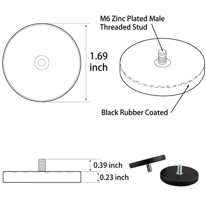 ULIBERMAGNET 4Pack Anti-Scratch Mounting Magnet Strong 24LB M6 Male Thread Stud,Anti-Slip Rubber Coated Neodymium Rare Earth Magnets with Stud for Camera LED Lighting Bracket