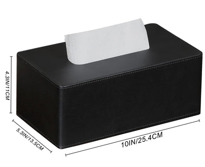 Tissue Box Cover Rectangular PU Leather Facial Tissue Dispenser Box Holder for Dresser Bathroom Decor (Black)