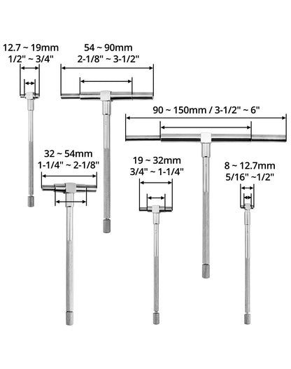 QWORK 5/16" to 6" Telescopic Gauge Bore Gauge, 6 Pack Hole Gauge Set, Premium Steel T-Bore Hole Gauges Set, Measurement Tool, Telescoping Full Round Bore Gauge