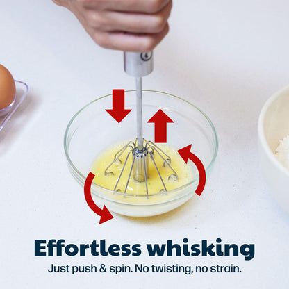 14 Inch Stainless Steel Hand Whisk - Durable & Easy to Use Push-Down Zip Whisker - Rotary Hand Mixer for Beating Eggs, Frothing Milk, Blending, Mixing, Whipping Smoothies & Shakes - Kitchen Tools