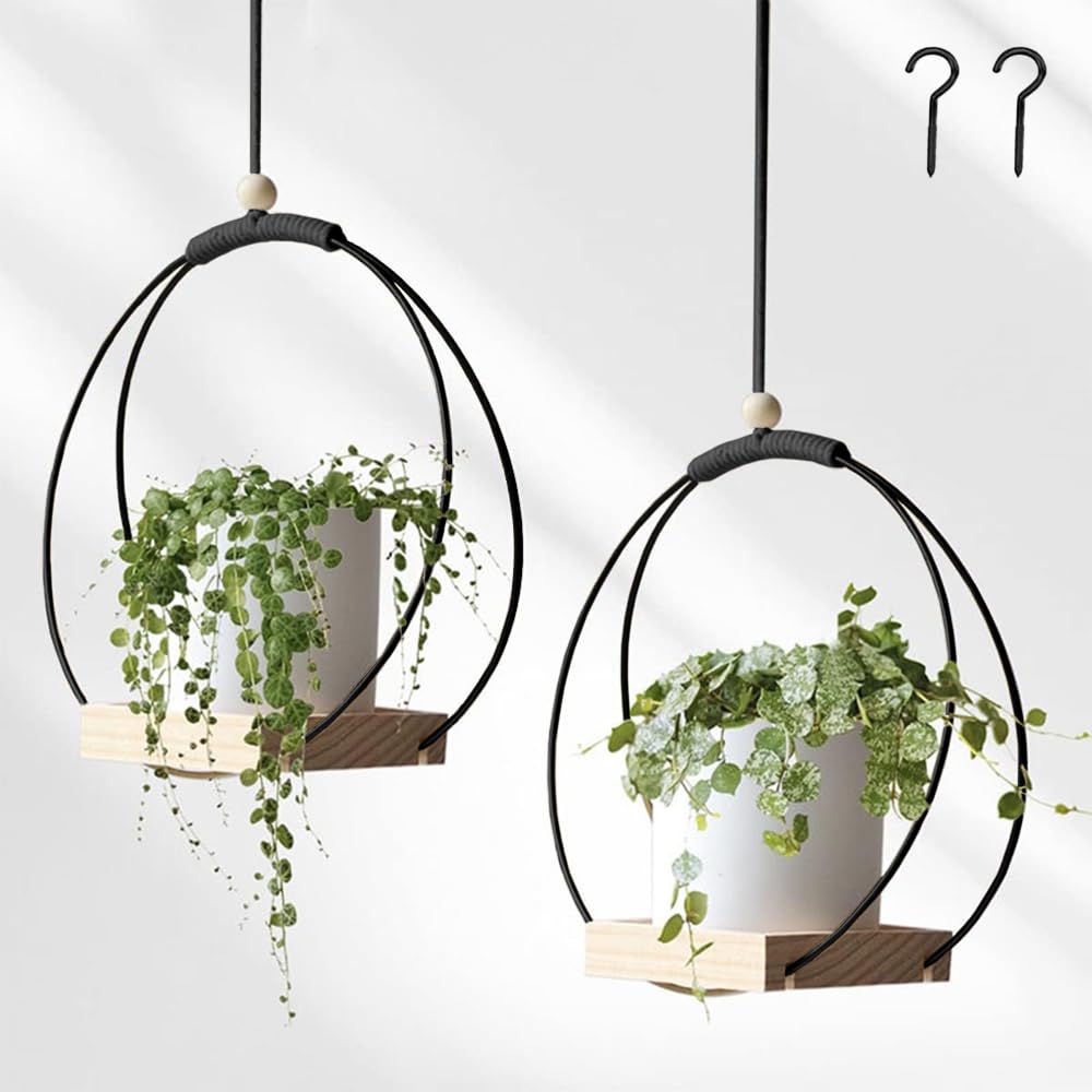 Benustra 2 Pack Hanging Planters for Indoor Plants,Hanging Plant Shelf with Wooden Base & Ceiling Hooks,Wall Ceiling Planter Display Shelf for Home Garden Patio Office Indoor Outdoor(Black)