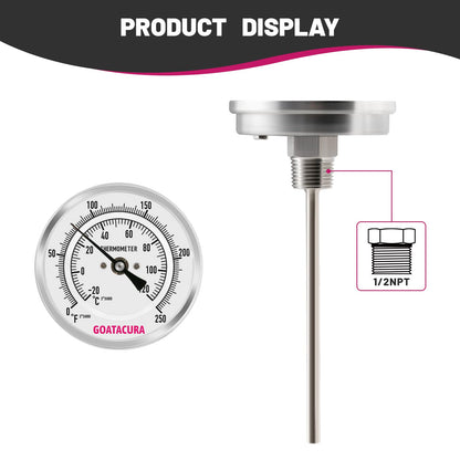 GOATACURA Bimetal Thermometer, Full Stainless Steel, 3" Dial Size, 6" Stem, 1/2" NPT Back Mount, 0-250 Deg F/-20-120 Deg C, 1% Accuracy