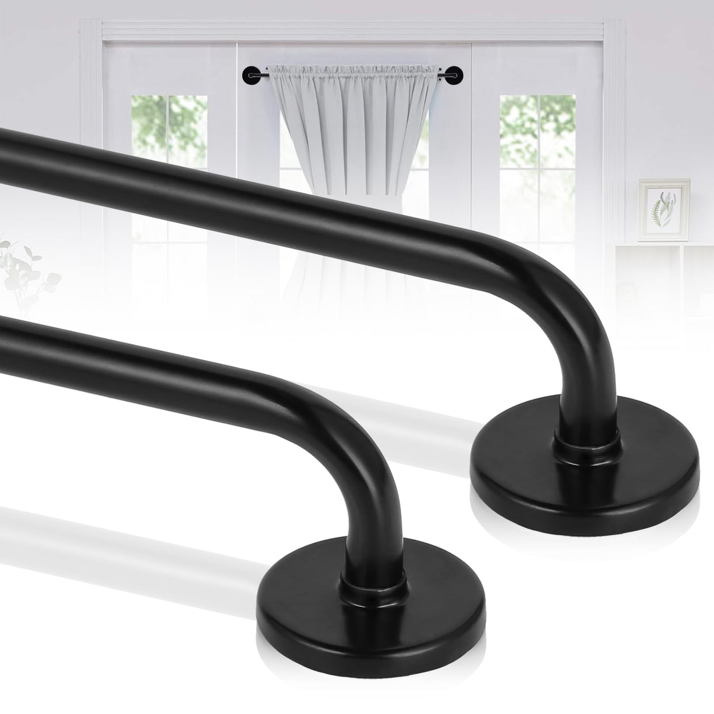 Ruiony Magnetic Curtain Rod for Metal Doors, French Door Curtain Rods Adjustable from 17 to 30 Inch, 3/8 Inch Diameter, Magnet Cafe Rod for Any Metel Surface, No Tool and Easy Install, Black, 2 Pack