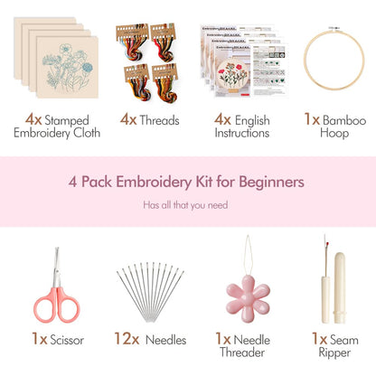 wtisan Embroidery Kit, 4 Sets Embroidery Kit for Beginners with Stamped Flower Pattern, Cross Stitch Starter Kits for Adults Hand Craft Lover with Embroidery Hoop, Instructions and Threads