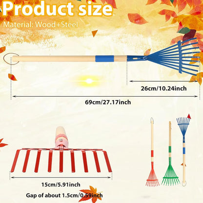 3 Pieces Rakes with Wooden Handle&Head , 27" Lawn Rakes for Leaves