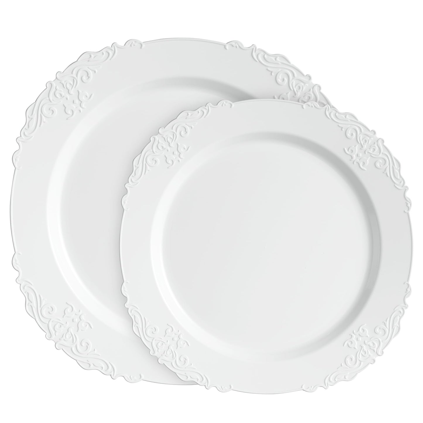 PLASTICPRO 32 Pack Elegant Disposable Plastic Plates Combo Set Includes 16 Dinner Plates and 16 Salad Heavy Duty Fancy Party Plates White Embossed Victorian Design