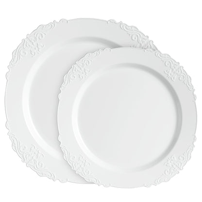 PLASTICPRO 32 Pack Elegant Disposable Plastic Plates Combo Set Includes 16 Dinner Plates and 16 Salad Heavy Duty Fancy Party Plates White Embossed Victorian Design