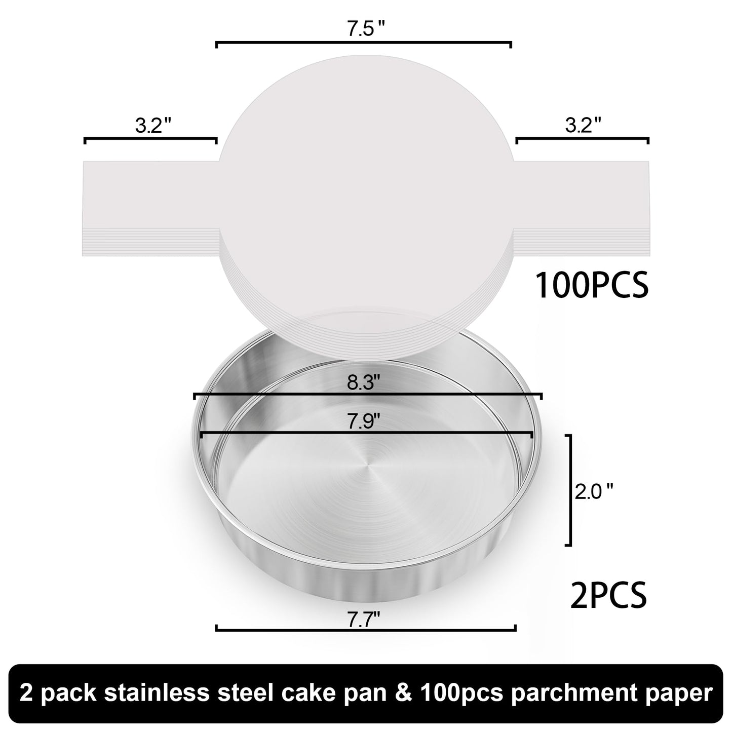 AWTBDP 8 Inch Round Cake Pans Set of 2, Nonstick Stainless Steel Baking Pans Set with 100 Parchment Papers, Durable Birthday Wedding Circle Layer Cake Pans, Cake Pans Sets for Baking, Dishwasher Safe