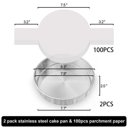 AWTBDP 8 Inch Round Cake Pans Set of 2, Nonstick Stainless Steel Baking Pans Set with 100 Parchment Papers, Durable Birthday Wedding Circle Layer Cake Pans, Cake Pans Sets for Baking, Dishwasher Safe