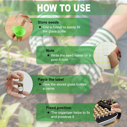 40 Slots Seed Storage Box,Garden Storage Organizer Box with Glass Storage Containers,Label Stickers,Seed Envelopes,Funnel for Various Sizes Vegetable and Flower Garden Seeds