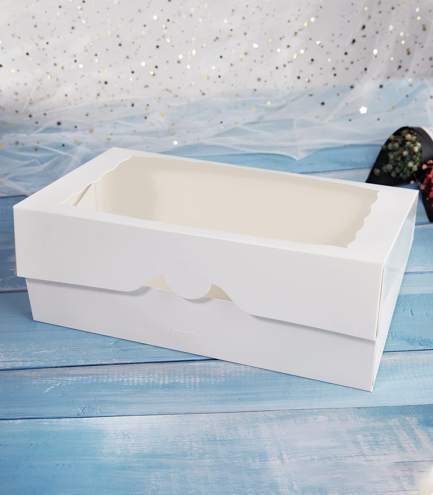 White Pastry Bakery Box 14x10x3inch,Large Donuts,Muffins,Cookies Boxes with PVC Window - Auto-Pop up Paper Box Nature Cardboard Take Out Container,Pack of 15 (White, 15)