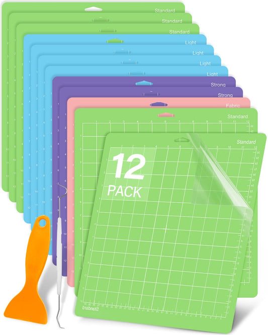 Weliu 12x12 Inch Cutting Mats for Cricut (12 Pack) - Standard/Light/Strong/Fabric Grip - Includes Bonus Hook & Scraper - Compatible with Cricut Maker 3/Maker/Explore 3/Air 2/Air/One & Silhouette