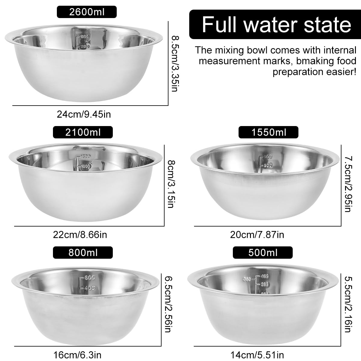 Abizarch Stainless Steel Mixing Bowls Set of 5, Small Metal Mixing Bowl for Kitchen Baking, Prepping, Cooking and Serving, Salad,Vegetables, Sizes 9.4“ 8.6“ 7.8” 6.3“ 5.5” (Lid not Included)