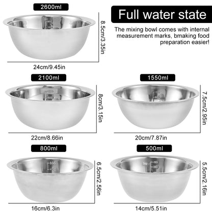 Abizarch Stainless Steel Mixing Bowls Set of 5, Small Metal Mixing Bowl for Kitchen Baking, Prepping, Cooking and Serving, Salad,Vegetables, Sizes 9.4“ 8.6“ 7.8” 6.3“ 5.5” (Lid not Included)