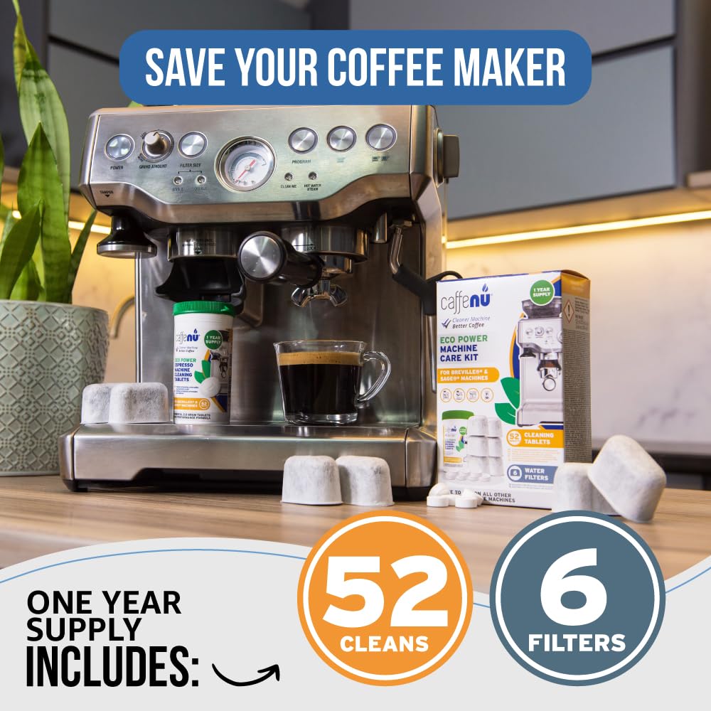 Caffenu Kit Compatible with Breville Espresso Machines. 52 Espresso Machine Cleaning Tablets & 6 Water Filters. Helps Remove Coffee Oil Build-Up. 1 Year Supply Kit Compatible with Breville