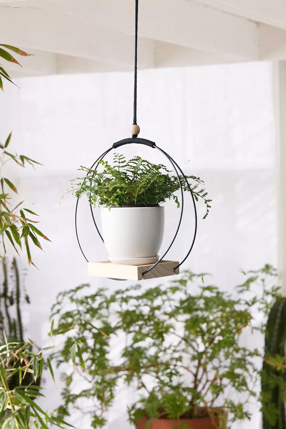 ABETREE Hanging Planter with Wood Base Modern Macrame Plant Hanger for Indoor Outdoor Wall Ceiling Window Boho Home Décor, Black(Planter/Plants Not Included)
