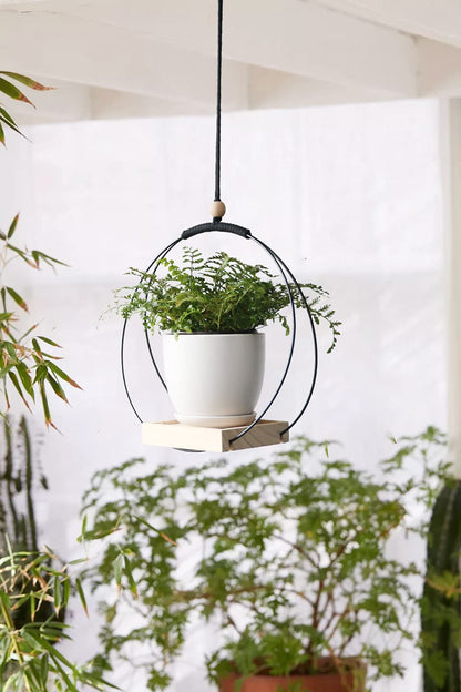 ABETREE Hanging Planter with Wood Base Modern Macrame Plant Hanger for Indoor Outdoor Wall Ceiling Window Boho Home Décor, Black(Planter/Plants Not Included)