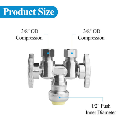 WiseWater 1 Pack 1/2" Push Fit x Dual 3/8" OD Compression Straight Stop Valve, 1/4 Turn Double Handles Shut Off Valve with Disconnect Clip, Chrome Plated Brass, Copper, PEX, CPVC, PE-RT Pipes