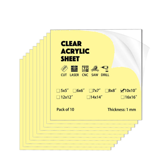 10 Pack 10"x10"x0.04"(1mm) Thick Acrylic Sheets Transparent Plexiglass Panels with Protective Film for Picture Frame Art Design, DIY Craft, Signage, Display, and Home Projects (10, 10x10x0.04)