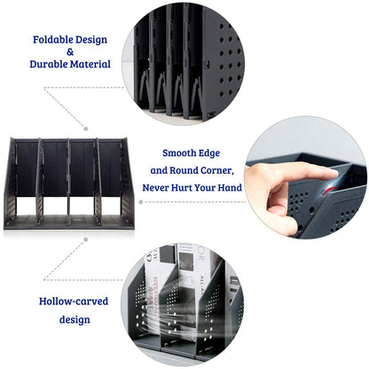 SAYEEC Collapsible Magazine Holder Plastic Desktop Vertical 4 Compartment File Magazine Organizer Holder File Divider Sorter Stand Office Document Organizer Storage Box Bins Home School Black